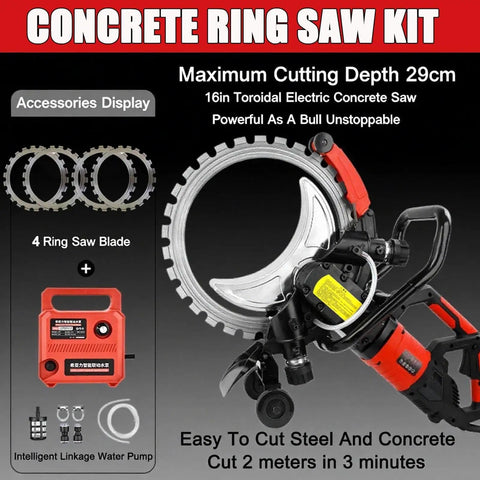 12000W Wall Chaser Concrete Cutter With 16 Inch Electric Ring Saw For Wet Cutting Stone Rebar And Marble Includes Water Fed Dust Suppression System High Power Brushless Motor For Fast Efficient Masonry Work, showing the 16in ring saw with accessories.