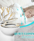 Round Resin Toilet Seat for Bathroom with marble design, adjustable hinges, showcasing quiet close feature.