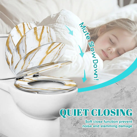 Round Resin Toilet Seat for Bathroom with marble design, adjustable hinges, showcasing quiet close feature.