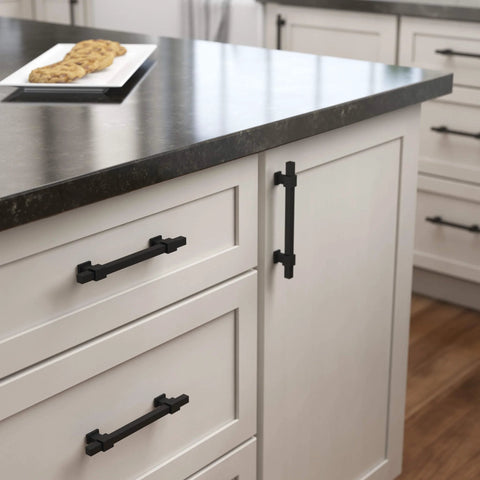Matte Black Cabinet Handles Five Pack Adjustable Drawer Pulls installed on kitchen cabinets