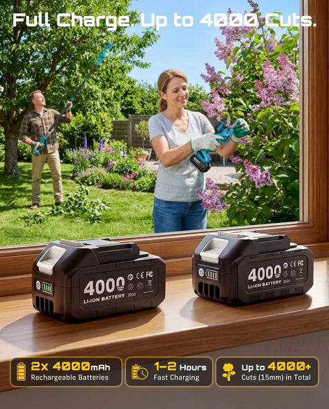 People using 2 In 1 Electric Pole Pruner With 4 Mode Adjustable Cut And 2 Point 2 Inch Diameter in a garden with dual 4000mAh batteries.