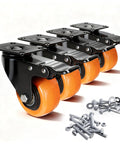2 Inch Swivel Caster Wheels Set Of 4 Featuring Dual Lock Brakes That Glide Slick Across Hardwood Or Tile Carry Loads Like A Champ At 150 Lbs Each For Home Furniture Shop Carts, with orange wheels and mounting brackets.