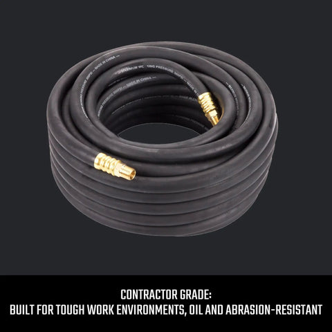 Heavy Duty Rubber Air Hose Three Eighths Inch By Fifty Feet, 300 PSI, Oil And Abrasion Resistant, coiled with brass fittings