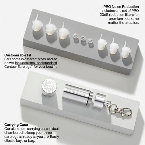 Music Pro Concert Ear Plugs That Keep Your Ears Safe And Your Sound Clean For Gigs And Live Events Up To 20dB Noise Reduction, Reusable Ear Plugs With Filter Set And Case - set of ear plugs with case on display