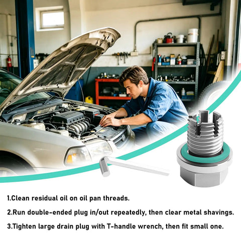 Get Your Car Running Smooth With This Heavy Duty Oversize M14 Piggyback Self Tapping Oil Drain Plug Repair Kit To Fix Stripped Threads And Stop Leaks Fast Without Costly Pan Replacements Or Drippy Engine Oils, mechanic repairing car oil pan threads