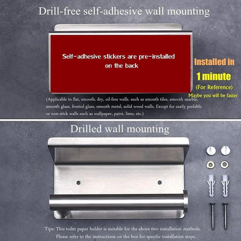 No Slip Anti Drop Toilet Paper Holder With Extra Large Phone Shelf For Bathroom Wall Mount Stainless Steel Brushed Finish Self Adhesive Or Screws Easy Install Holds Phone Tablet Wipes shown with mounting options