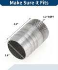 316 stainless steel hose barb fitting with 1.2 in BSPT male thread, 1.6 in bore, 2.5 in length