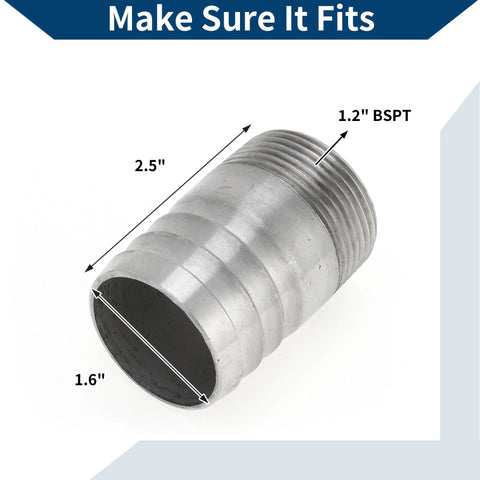 316 stainless steel hose barb fitting with 1.2 in BSPT male thread, 1.6 in bore, 2.5 in length
