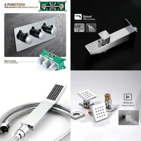 Next Level RGB LED Shower System With 80X60 Cm Rain Head And Flexible Handheld Wand, Concealed Four Way Diverter Faucet Set, Chrome Rock Solid Brass Combo with faucet handles and body jets.