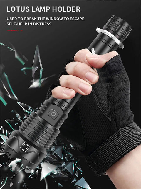 Hand holding Beast Mode 120,000 Lumens USB Rechargeable LED Flashlight with black gloves, showing durable grip and functionality.