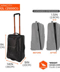 Soft Sided Rolling Carry-On Bag That Expands Up To 1.5 Inches For 42 Liter Capacity, Durable Water-Resistant Tarpaulin With 600D Ripstop, Wide Clamshell Opening, Rigid Base, Built Tough For Gear Hauls showcasing size and expanded dimensions