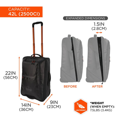 Soft Sided Rolling Carry-On Bag That Expands Up To 1.5 Inches For 42 Liter Capacity, Durable Water-Resistant Tarpaulin With 600D Ripstop, Wide Clamshell Opening, Rigid Base, Built Tough For Gear Hauls showcasing size and expanded dimensions
