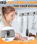 Woman using Ridiculously Strong Heavy Duty Neodymium Magnetic Hooks 20 Pack 70 Pound Capacity Beast Mode for kitchen organization.