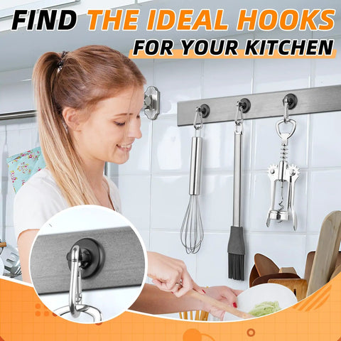 Woman using Ridiculously Strong Heavy Duty Neodymium Magnetic Hooks 20 Pack 70 Pound Capacity Beast Mode for kitchen organization.