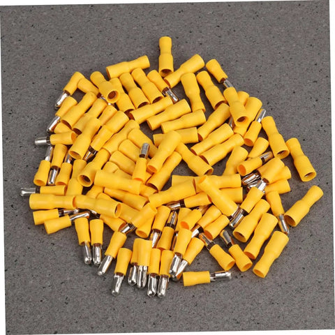 Insulated Wire Crimp Connector Kit With 50 Male And 50 Female Quick Disconnects For Electrical Wiring And Automotive Projects, Sealed, Plastic Case, Color Yellow, Easy Access And Reliable Connection displayed on gray surface.