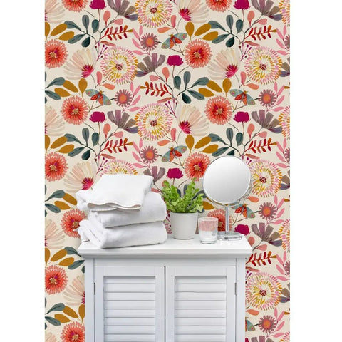 Wildflowers Floral Wallpaper Featuring Hella Smooth Matte Linen Texture And Truly PVC Free Composition Professional Grade Type II Paste Ready Wallcovering Super Durable Accent Decor For Modern Homes with towels and decor.