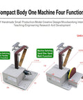 Portable Mini Belt Polisher And 4 In 1 Bench Grinder For Cutting Grinding Polishing And Drilling With Adjustable Angle Ruler 51 Premium Grinding Heads Speed 5000 To 10000 RPM shown with labeling for functions and dimensions.