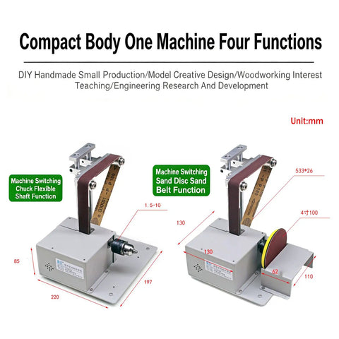 Portable Mini Belt Polisher And 4 In 1 Bench Grinder For Cutting Grinding Polishing And Drilling With Adjustable Angle Ruler 51 Premium Grinding Heads Speed 5000 To 10000 RPM shown with labeling for functions and dimensions.