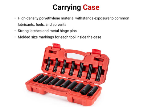 Open red carrying case with 17-piece Half Inch Drive Deep 12 Point Impact Socket Set With Case, Metric Range 8 To 24 Mm inside
