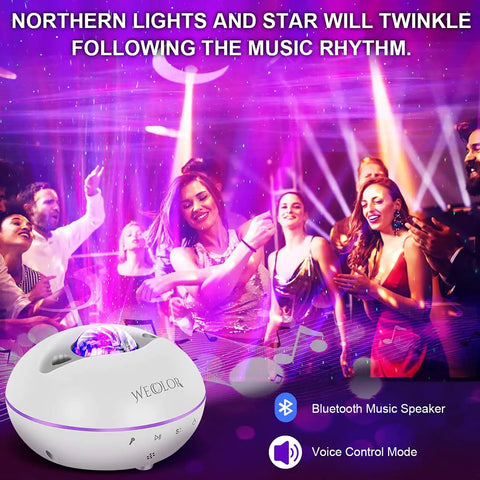 Group enjoying a party with Galaxy Projector Night Light With Bluetooth Speaker And Remote Aurora Sky Lighting For Kids Room