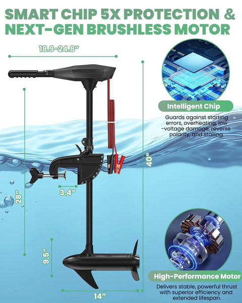 Beast Mode Saltwater Kayak Trolling Motor 56Lb Thrust 12V Brushless Copper Motor with intelligent chip and dimensions shown