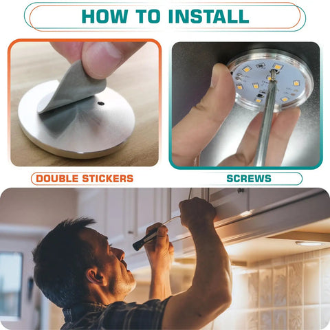 Installation of Under Cabinet LED Puck Lights 2 Pack 12V DC Plug In Daylight White using stickers and screws in kitchen