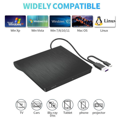 Two In One External CD DVD Drive With USB 3.0 And Type C Disc Reader Burner Player For Laptops And Desktops, Plug and Play No Extra Power Required, Wide Compatibility With USB A And USB C, black