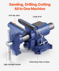 Heavy Duty Bench Vise With 6.5 Inch Jaw Width And 5 Inch Opening, showing anti-slip jaws, large anvil, and swivel base. Built for tough jobs.