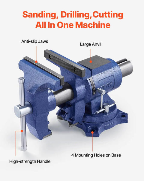 Heavy Duty Bench Vise With 6.5 Inch Jaw Width And 5 Inch Opening, showing anti-slip jaws, large anvil, and swivel base. Built for tough jobs.
