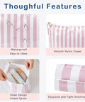 Large PVC Waterproof Striped Makeup Bag Travel Organizer Zipper Pouch For Women And Girls Clear Coated Cosmetic Bag Easy To Clean Beach Vacation Essential 10.6 X 4.3 X 6.9 Inches Pink Stripe with waterproof, zipper details
