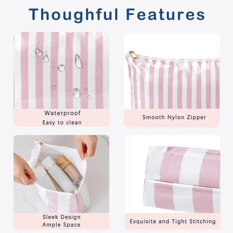 Large PVC Waterproof Striped Makeup Bag Travel Organizer Zipper Pouch For Women And Girls Clear Coated Cosmetic Bag Easy To Clean Beach Vacation Essential 10.6 X 4.3 X 6.9 Inches Pink Stripe with waterproof, zipper details