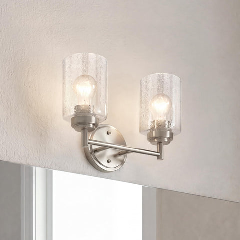 Winslow 12.75-Inch Vanity Light In Brushed Nickel, 2-Light Transitional Bathroom Fixture With Clear Seeded Glass mounted on wall