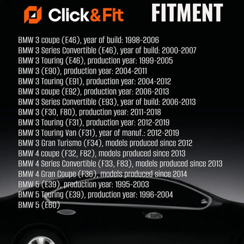 BMW vehicle fitment chart with various models and production years listed, against a silhouette of a car background.