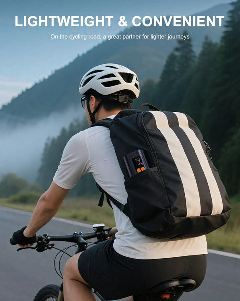 Cyclist with backpack on road, showcasing the 4X Faster Dope Bike Floor Pump With Gauge And Auto Stop 160 PSI Compact Mini Pump.