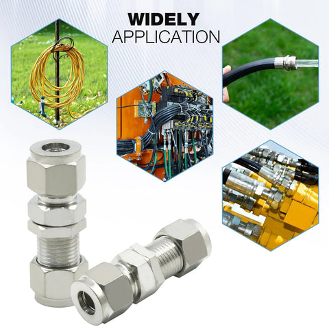 Two 3/8-inch OD stainless steel compression straight connector adapters for bulkhead unions.