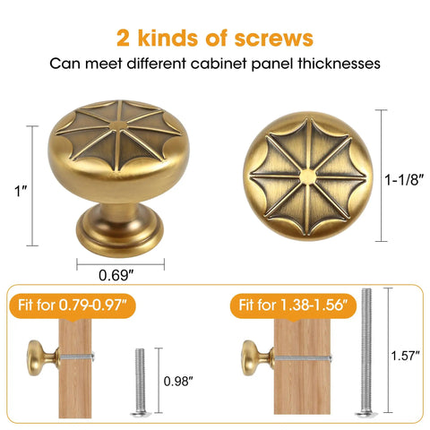 Durable Zinc Alloy Vintage Cabinet Knobs Five Pack - Antique Brass Drawer Pulls Art Deco Star Detail with two screw sizes for versatility.