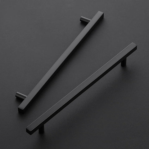 Matte Black 10 Inch Square Cabinet Pulls, 5 Pack, 12-1/2 Inch Overall Length on black background