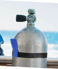 Go-To Neoprene Scuba Tank Belt With Secure Attachment Strap For Decompression Tanks And Diving Gear on a silver tank