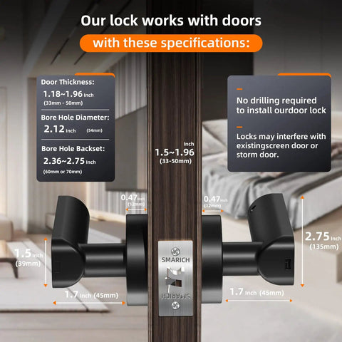 Fingerprint Door Lock With Lever Handle And Keyless Entry For Smart Bedroom Security, black handle on wood door, size specs shown