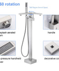 Freestanding Bathtub Faucet Floor Mounted Brass One Handle With Hand Shower Brushed Nickel Finish Durable All Metal Construction