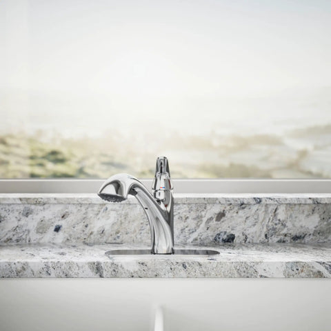 Jolt Pull-Out Kitchen Faucet With Two-Function Sprayhead, Touch Control, 1.5 GPM, Chrome Finish on stone countertop deck