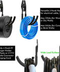 Heavy Duty EV Charging Cable Holder Wall Mount For Tight Garages With Wide J Hook showing black and blue cables on wall hooks.