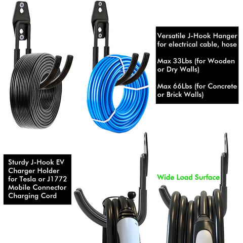 Heavy Duty EV Charging Cable Holder Wall Mount For Tight Garages With Wide J Hook showing black and blue cables on wall hooks.