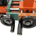Close-up of Techtongda Mini Wood Lathe With Dual Motors For Turning And Drilling Soft Metals Plastic Plexiglass knobs and wheels.