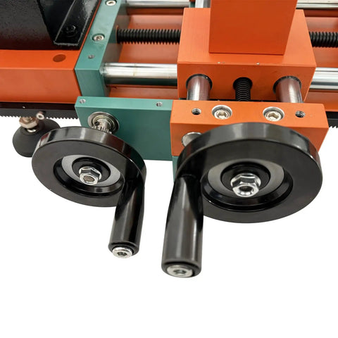 Close-up of Techtongda Mini Wood Lathe With Dual Motors For Turning And Drilling Soft Metals Plastic Plexiglass knobs and wheels.