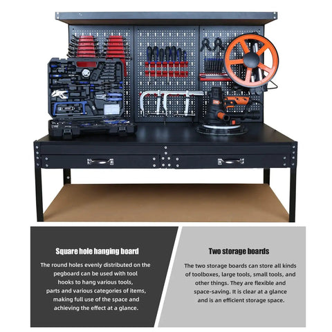 Beast Heavy Duty Workbench With Pegboard And Drawers For Garage And Home Workshop, 47.25 Inch Long Steel Table with tools