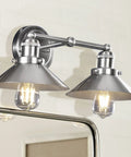 Industrial Farmhouse Nickel Two Light Metal Vanity Light Wall Sconce with rock solid metal shade over bathroom mirror.