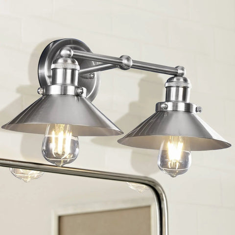 Industrial Farmhouse Nickel Two Light Metal Vanity Light Wall Sconce with rock solid metal shade over bathroom mirror.