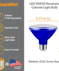 Image of Blue LED PAR30 Flood Light Bulb 8W (75W Equiv) Short Neck Recessed, E26 Base, with product details and measurements.