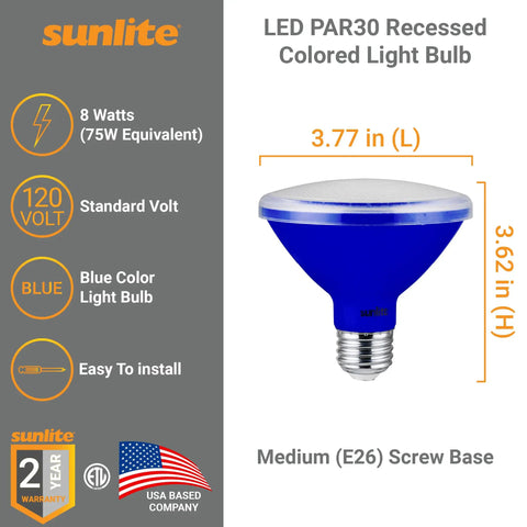 Image of Blue LED PAR30 Flood Light Bulb 8W (75W Equiv) Short Neck Recessed, E26 Base, with product details and measurements.